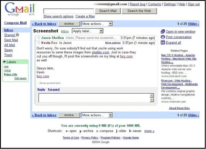 What the Gmail Layout Looked Like in 2004