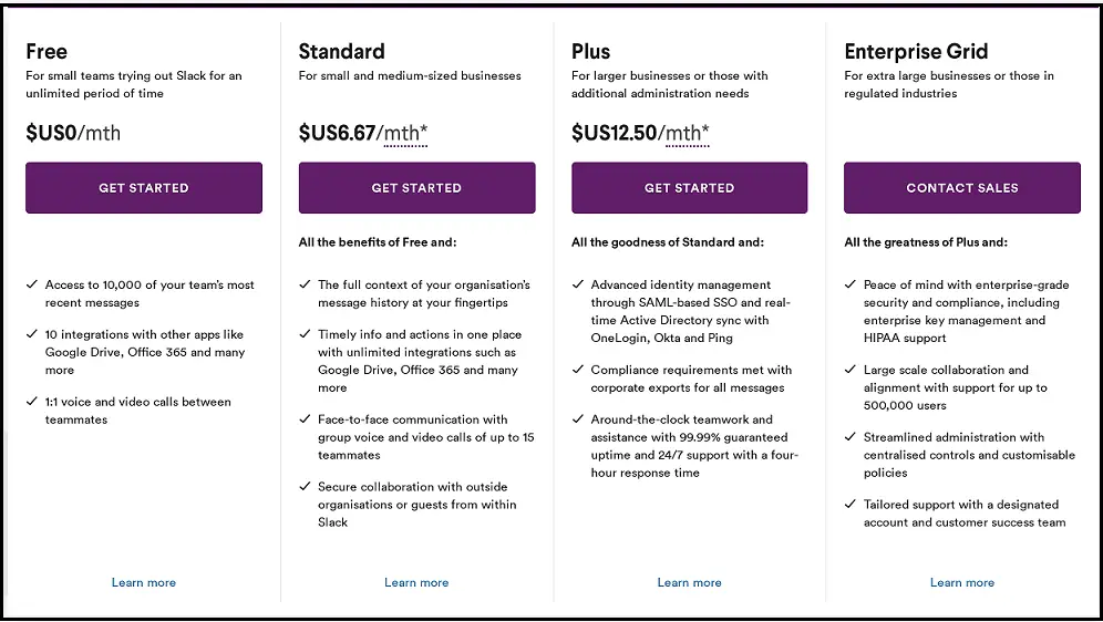 Slack Standard, Plus & EnterPrise Grid Pricing